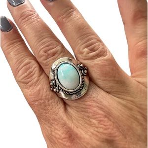 Vintage Look Silver and Sky Blue with White Center Stone Ring